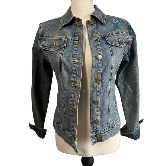 Vintage Yuka Jeans Embroidered Denim Jacket Sz Medium Womens Floral Long Sleeve - Picture 2 of 10